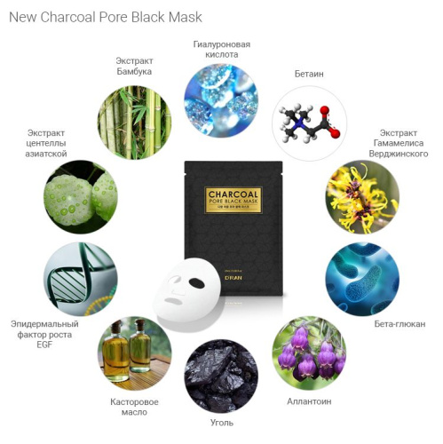 D'RAN New Charcoal Pore Black Mask Черная маска с древесным углем для очищения и увлажнения, 10 шт фото 2