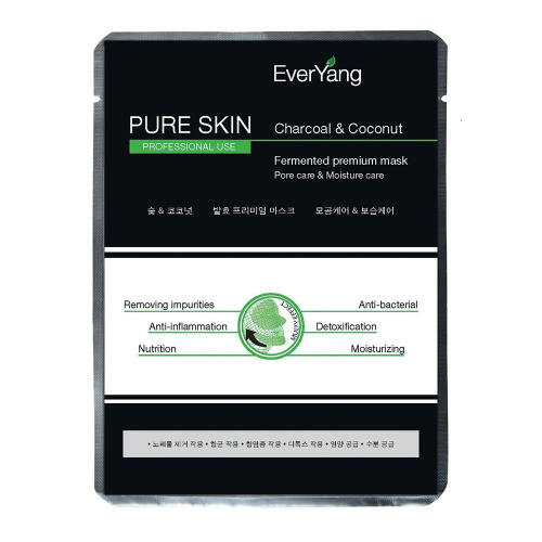 EverYang Pure skin Charcoal & Fermented Premium Mask Биоцеллюлозная Премиум-маска для лица на основе кокосовой воды и угля